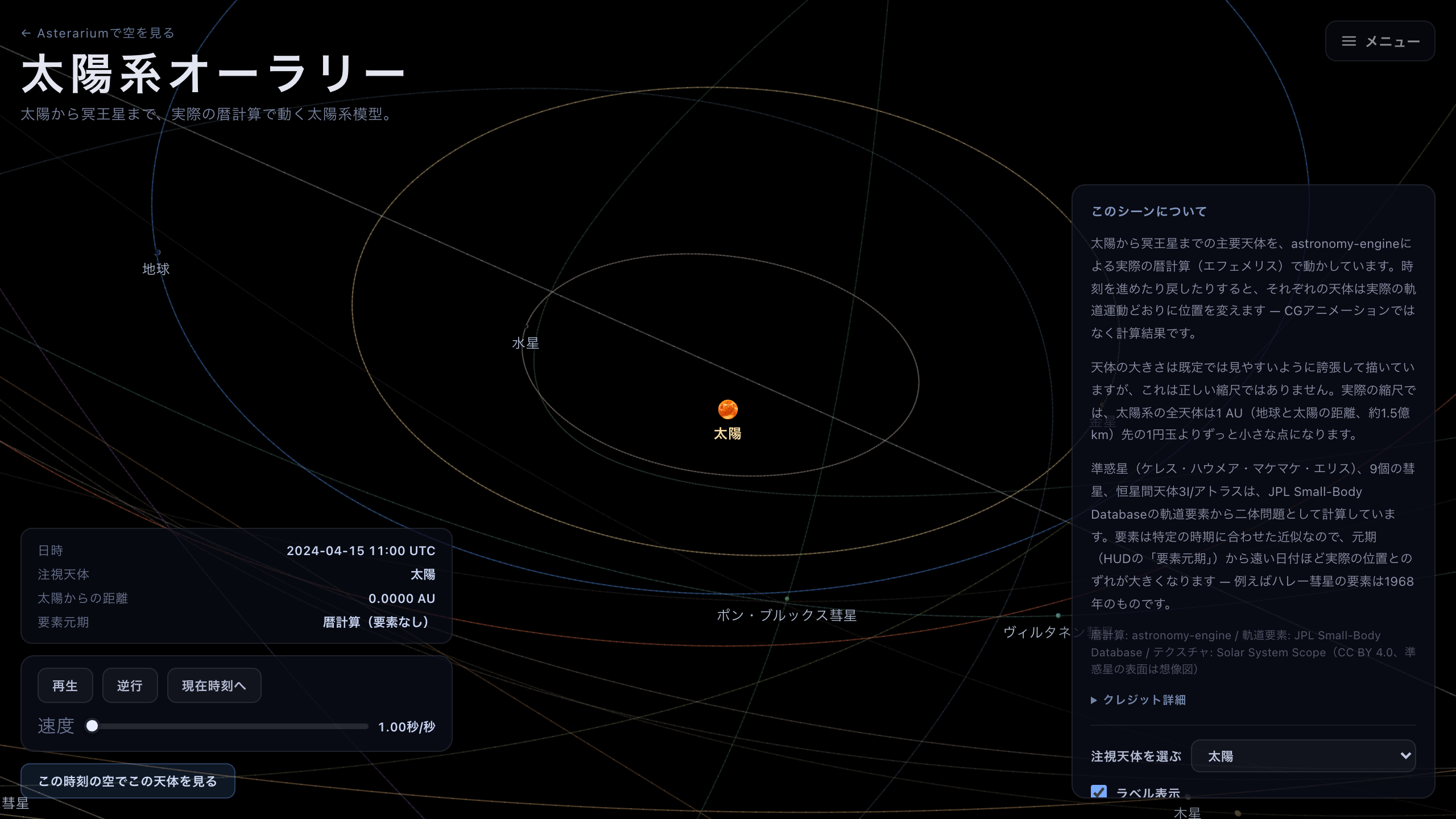 既定表示の太陽系オーラリー。内側の太陽系が誇張された大きさで描かれ、軌道線とラベルが付いている。