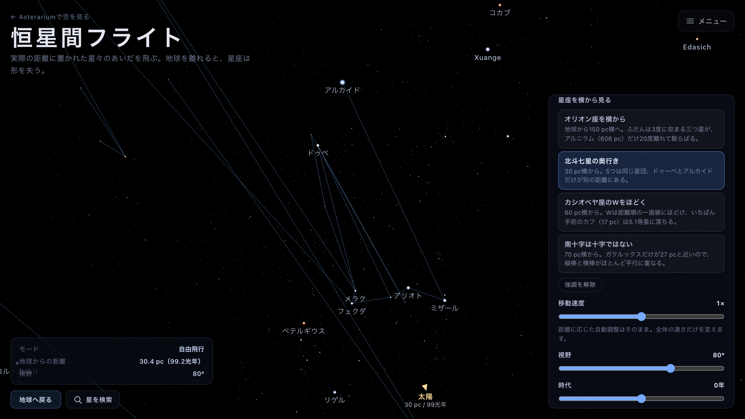 北斗七星を30 pc横から見た視点。五つの星が一団に固まり、ドゥーベとアルカイドだけが離れて、おおぐま座の線が強調表示されている。右のパネルには四つの星座視点ボタン、強調を解除、移動速度と視野のスライダーが並ぶ。